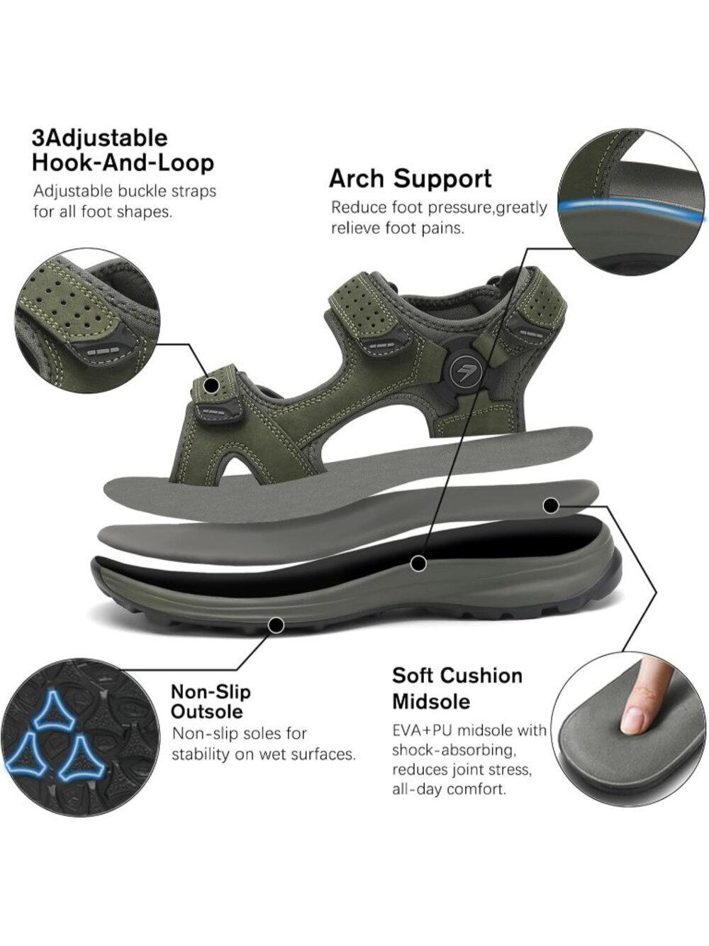 Men's Green Athletic Hiking Open Toe Leather Walking Sport Sandals Shoes - Picture 3 of 6